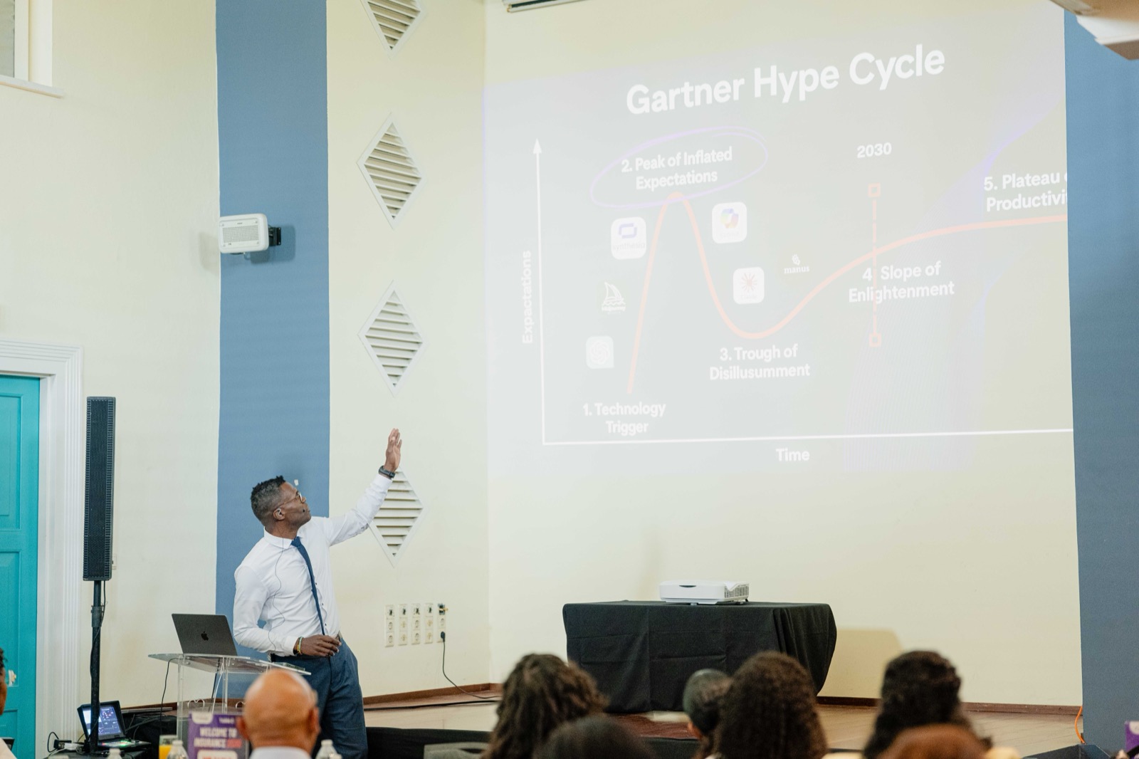 Speaker presenting the Gartner Hype Cycle, wide shot